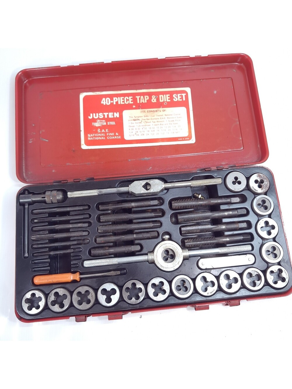 Vintage Justen Tap & Die Set SAE NC NF Tungsten Steel Made Japan red metal case